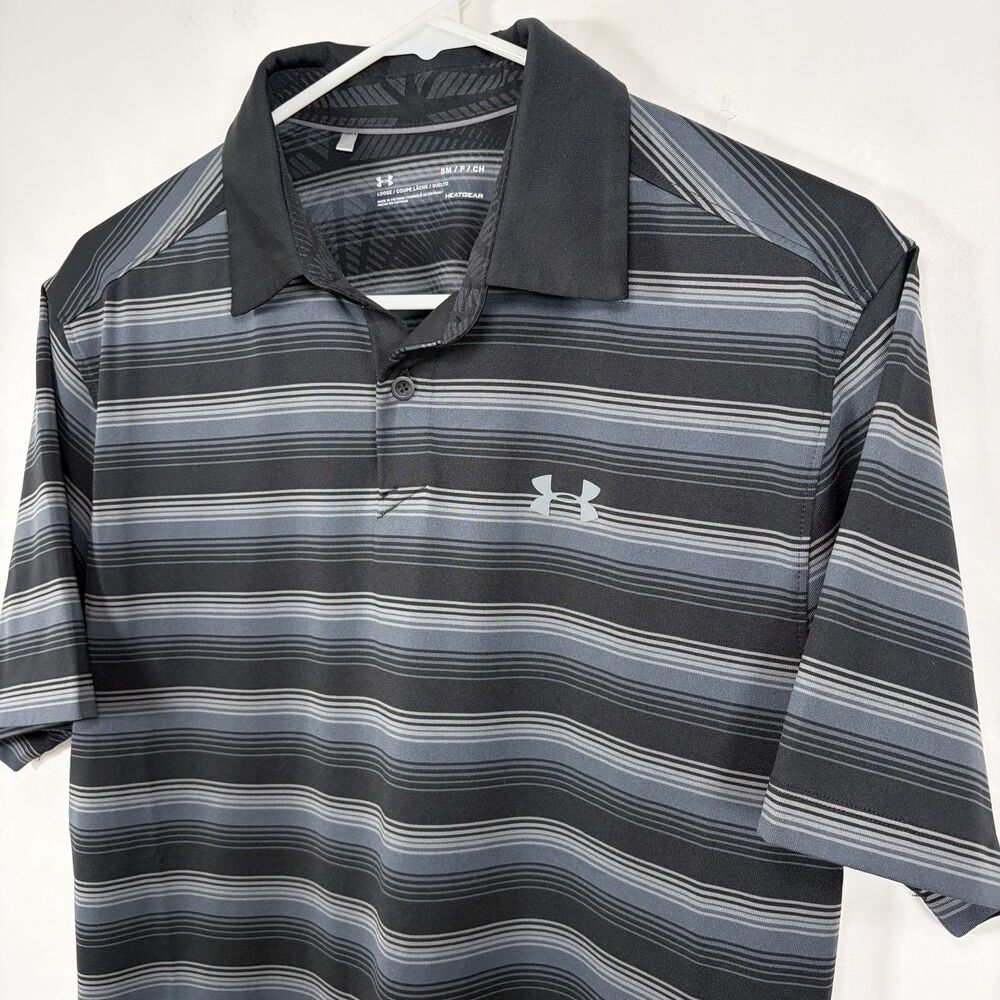 Under Armour Heat Gear Golf Polo Shirt Mens Small Black Gray Striped Performance